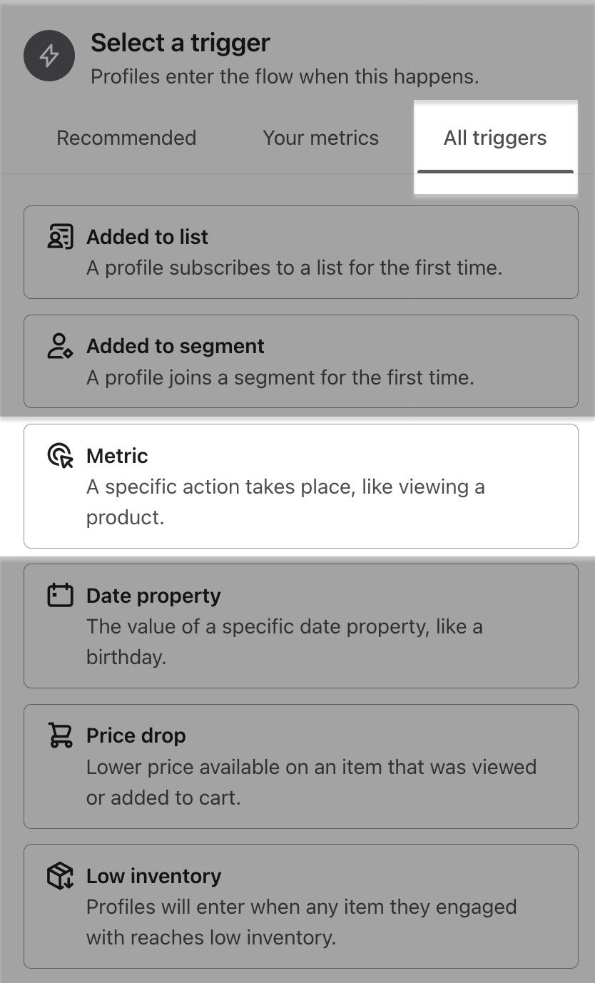 Lista över flödesutlösare med alternativet mättal markerat