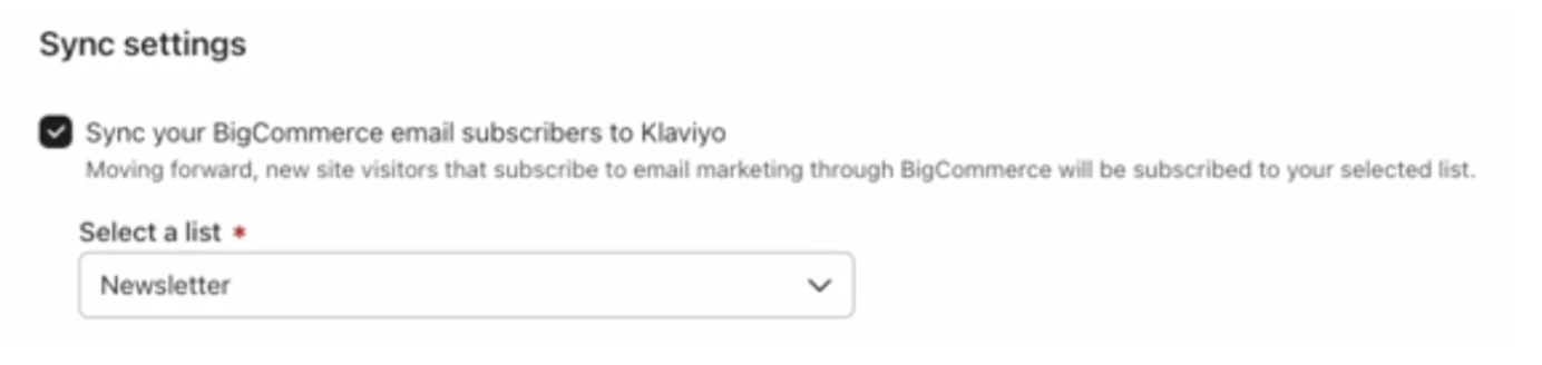 BigCommerce e-mail synchronisatie instellingen in Klaviyo