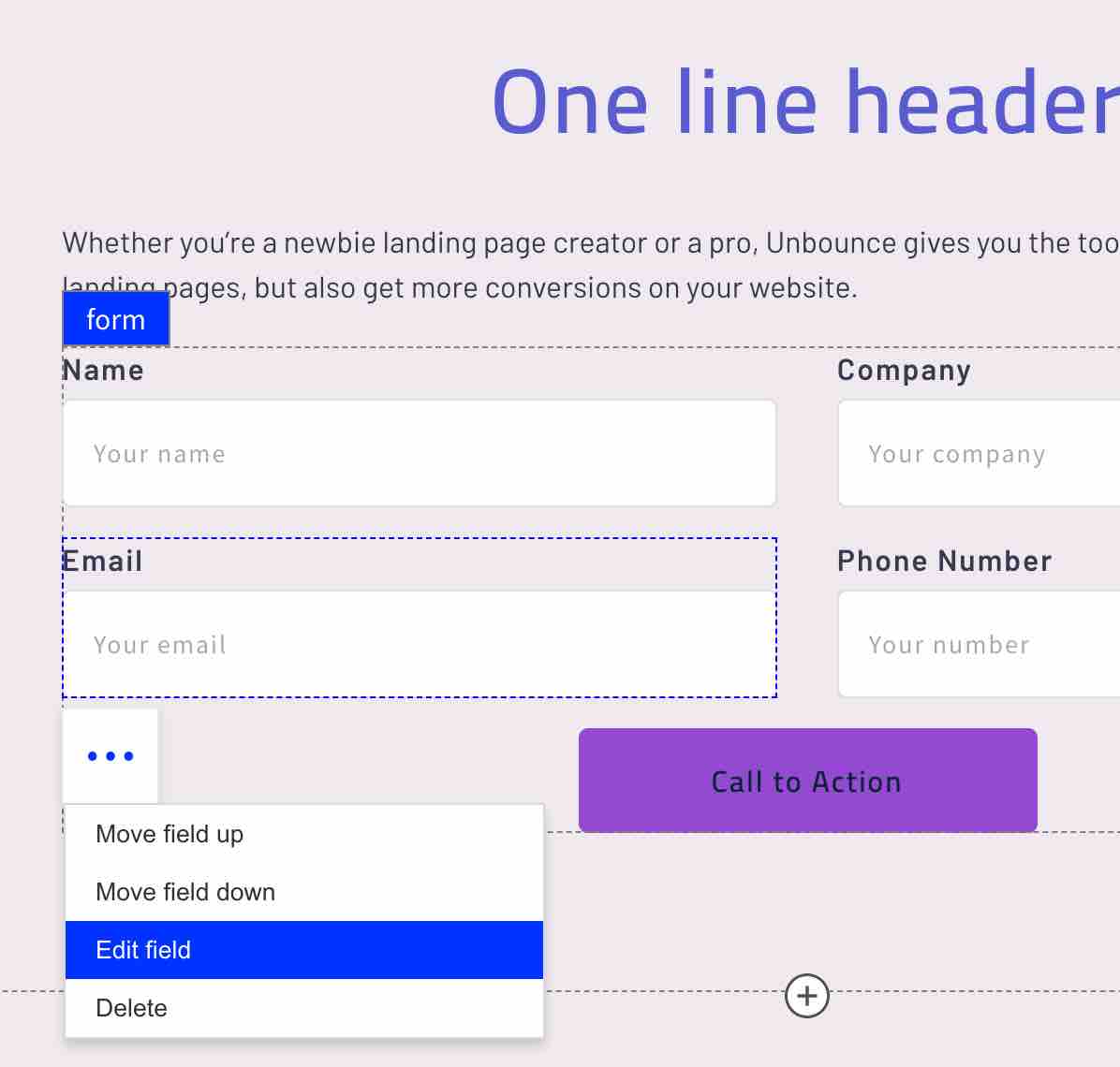 Formulier met het keuzemenu voor het tekstvak E-mail geopend en het veld Bewerken donkerblauw gemarkeerd