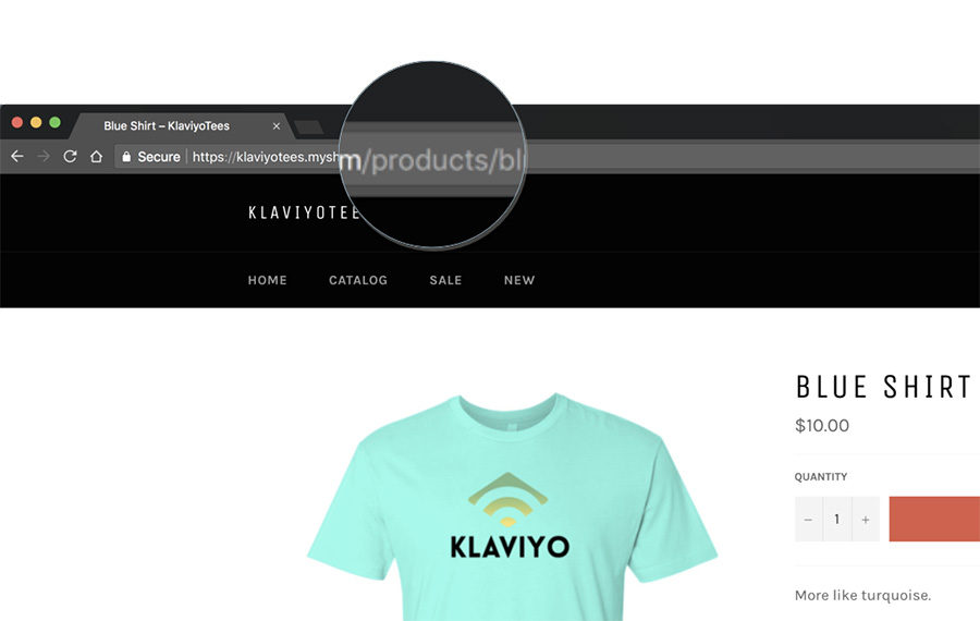 Voorbeeld van een zakelijke website met /products gemarkeerd in de URL