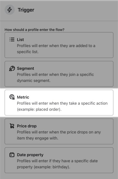 In het triggerinstelmenu van de flow builder staat de optie meetwaarde in het midden van de lijst.