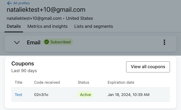 De couponsectie op een voorbeeld profielpagina toont een uniek ID van coupon in de kolom Code ontvangen.