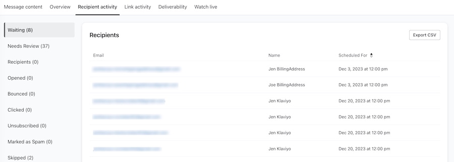 Weergave van de lijst met ontvangers die beoordeeld moeten worden voordat ze een bericht ontvangen