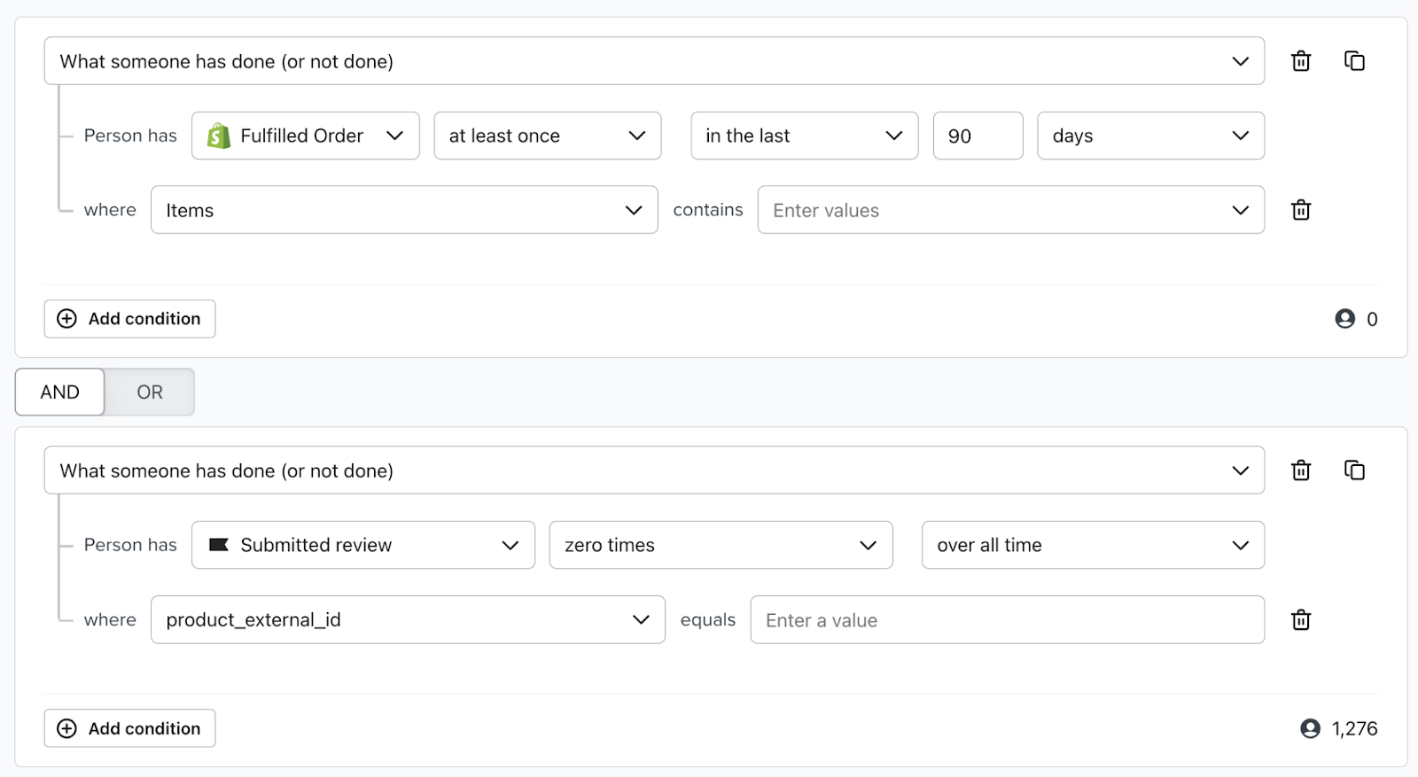 Een segment van mensen die in de afgelopen 90 dagen een bepaald product hebben besteld, maar nooit een beoordeling hebben achtergelaten