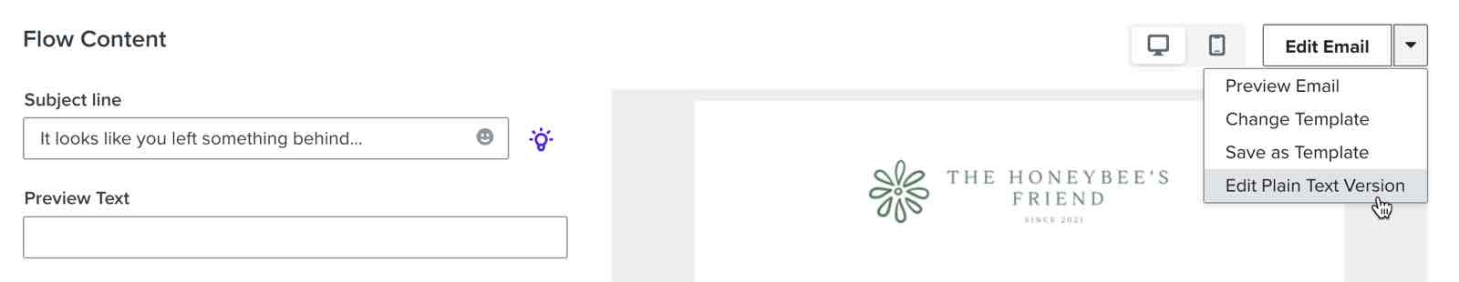 De optie om de platte tekst versie van een flow e-mail te bewerken