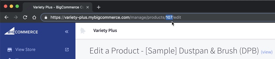 De productbewerkingspagina van BigCommerce admin voor een voorbeeldproduct, met de product-id in blauw gemarkeerd in de URL