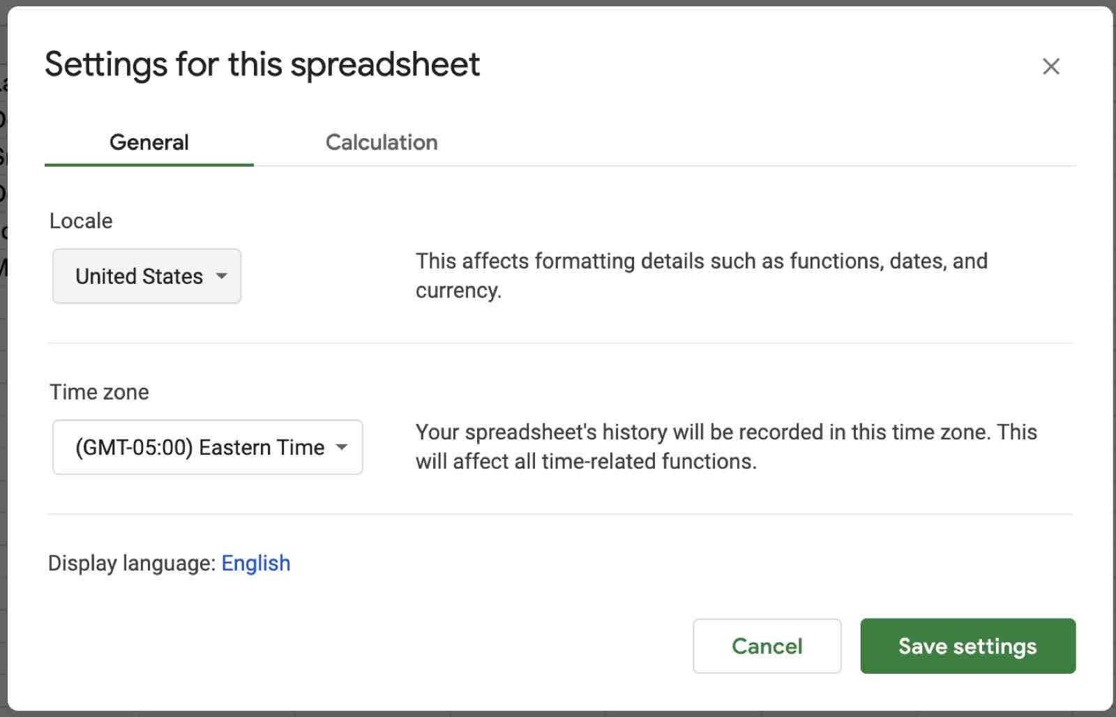 De instellingsmodal van Google Sheets
