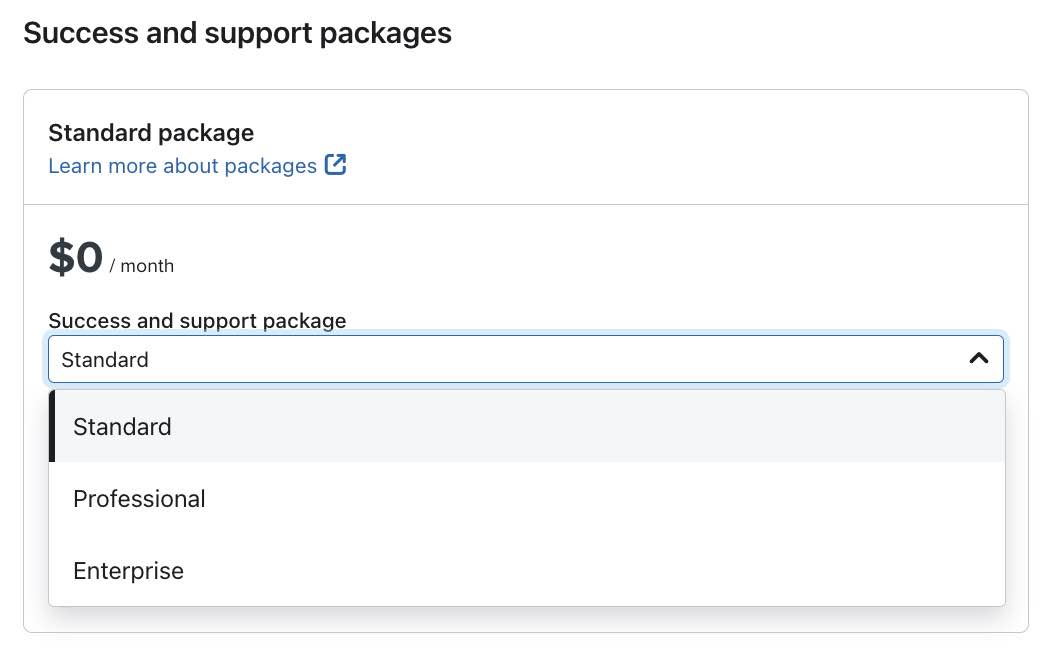 Dropdown voor alle succes- en supportpakketten