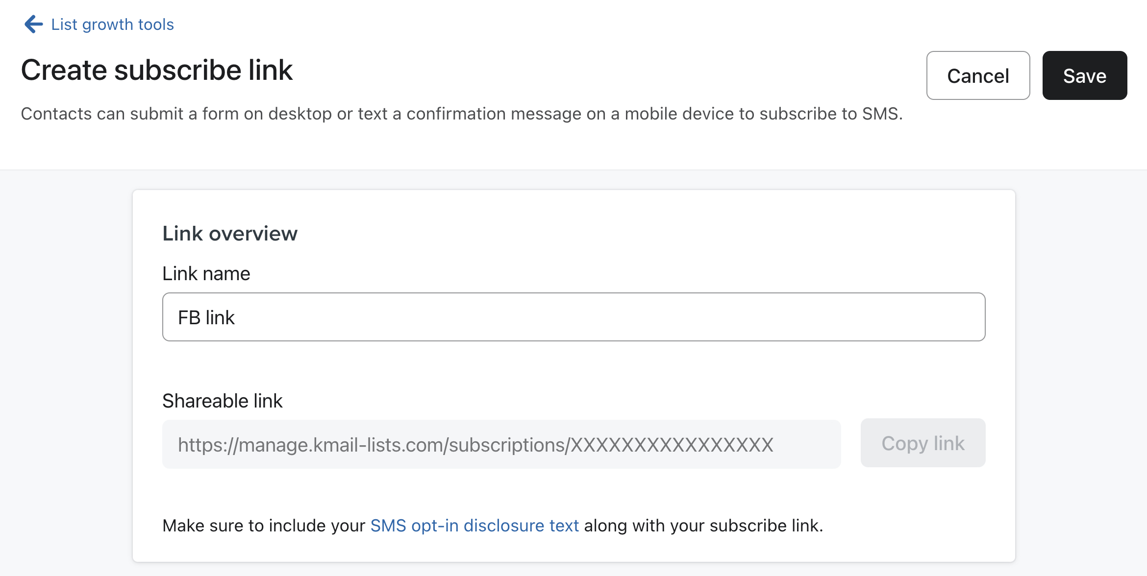 Maak een aanmeldlinkpagina met een voorbeeld van een aanmeldlink met de naam FB link.