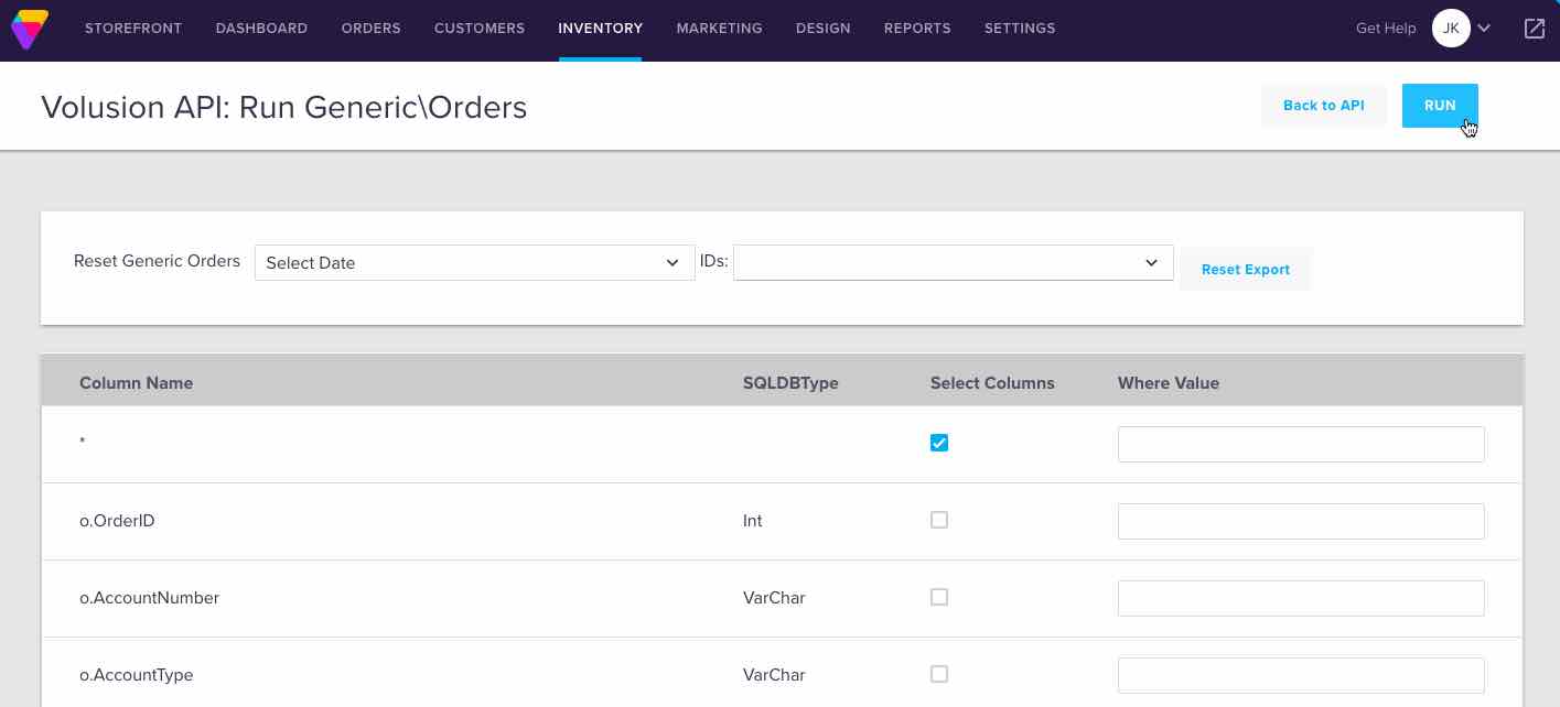 Volusion API: Generieke bestelpagina uitvoeren met asterisk kolom aangevinkt