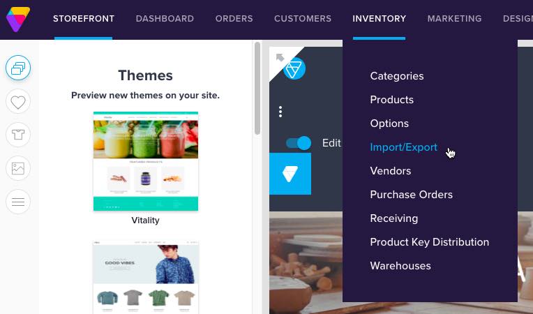 Inventaris dropdown in Volusion met importeren/exporteren in blauw