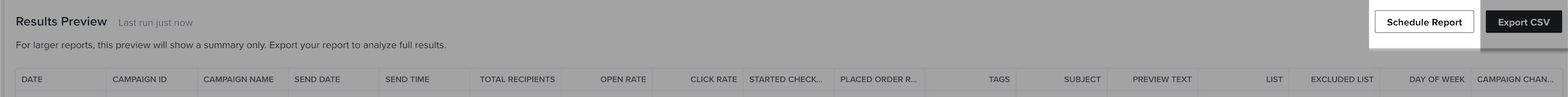 Binnen een aangepast rapport met de knop Schedule Report (Rapport plannen) gemarkeerd over Results Preview (Voorbeeld resultaten)