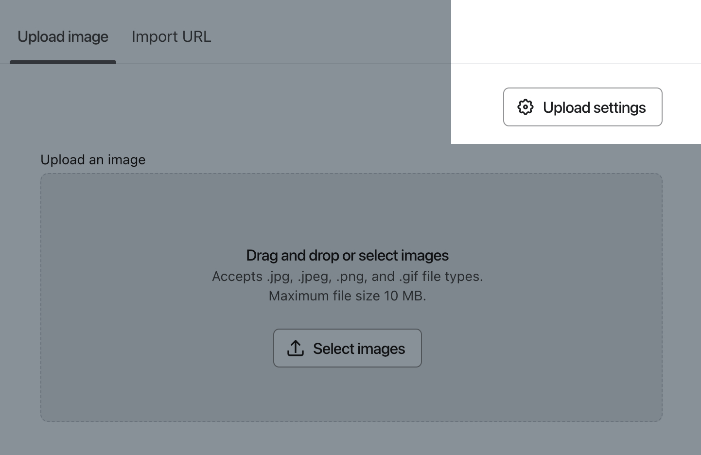 De knop Instellingen uploaden geselecteerd op het modaal Afbeelding uploaden.