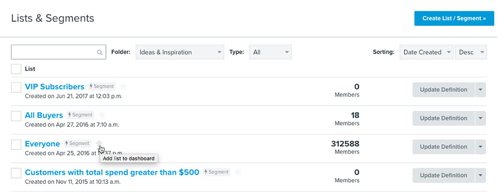 Rechts naast lijst of segment met mogelijkheid om ster toe te voegen 