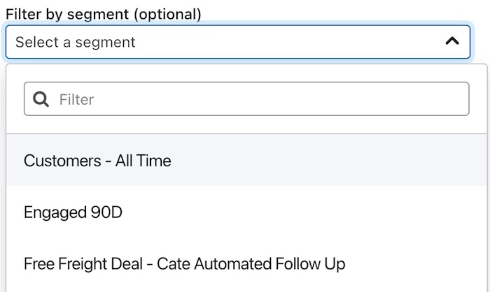 Optioneel filter op segment dropdown getoond open met segment om uit lijst te kiezen