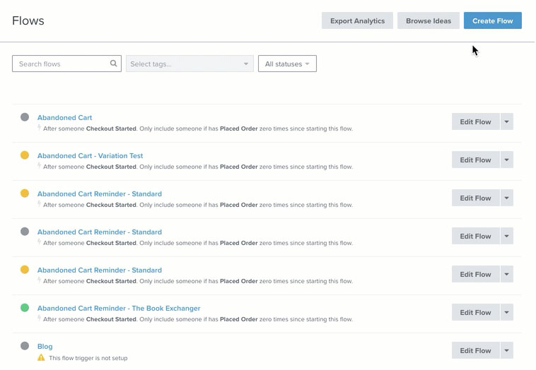 Weergave van de stroomlijstpagina met ontwerp, live en handmatige stroom hieronder
