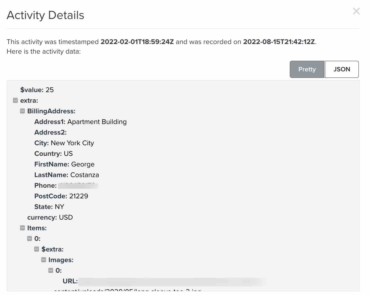 Pagina met activiteitsdetails met extra sectie uitgebreid, inclusief facturering Adresgegevens