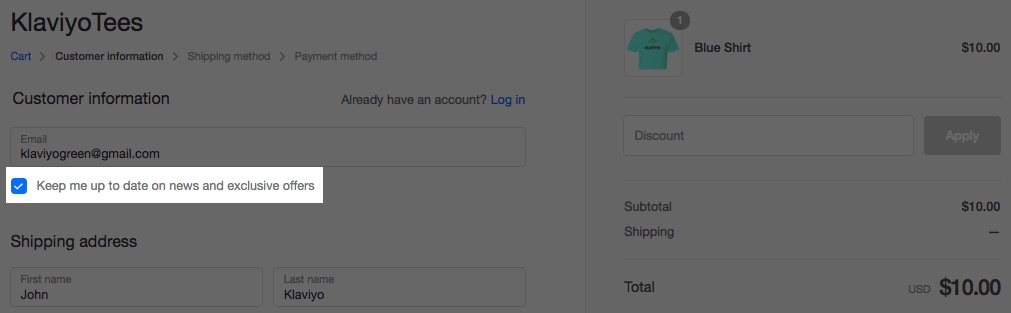 KlaviyoTees zaak met Houd me op de hoogte van nieuws en exclusieve aanbiedingen aangevinkt en wit gemarkeerd