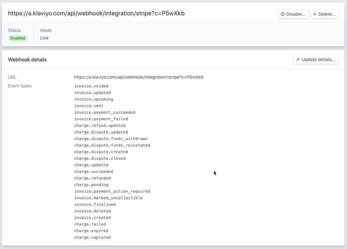 Stripe webhook pagina met status inschakelen groen gemarkeerd