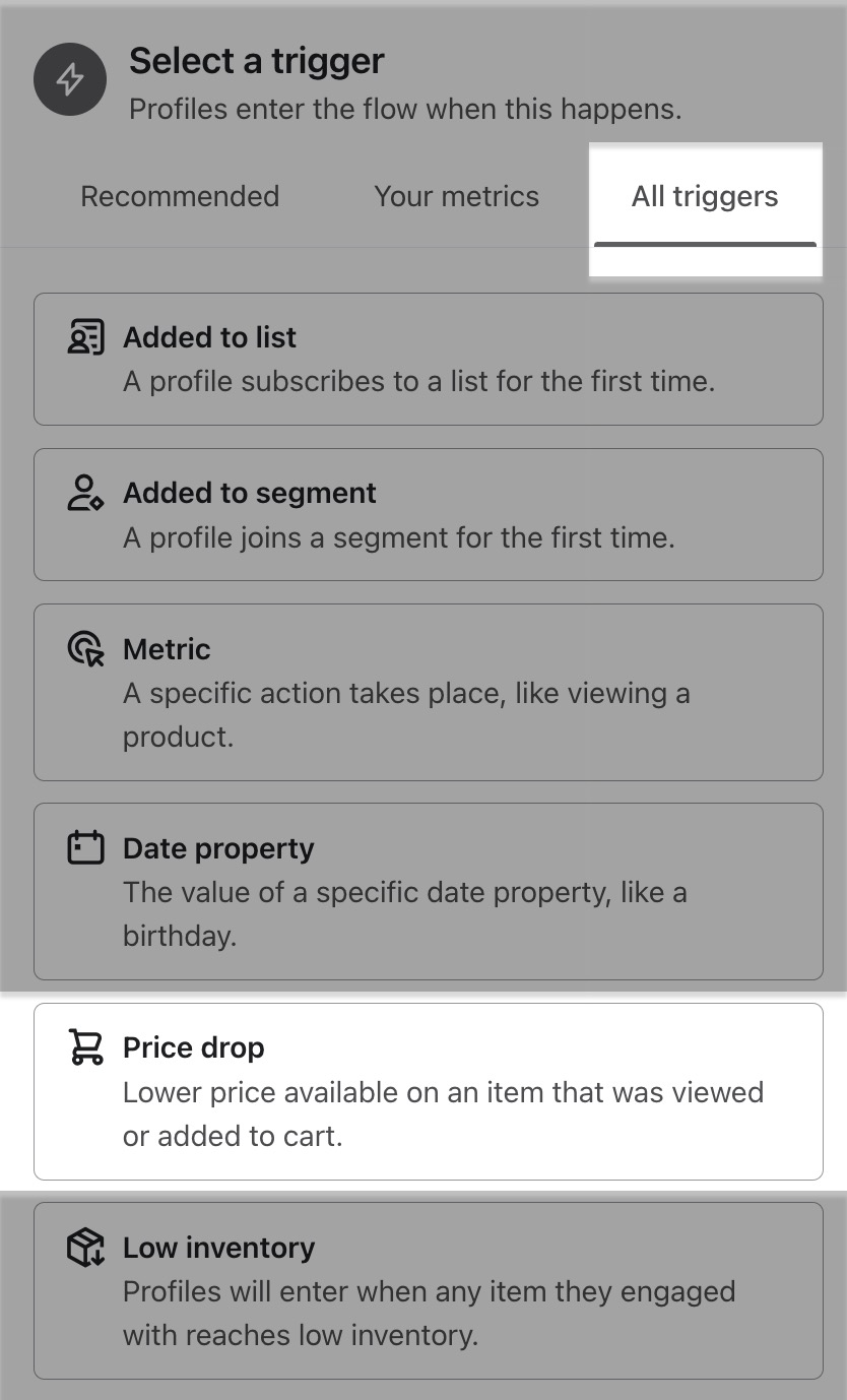 In het menu Triggerinstellingen vind je de optie Prijsdaling onderaan de lijst