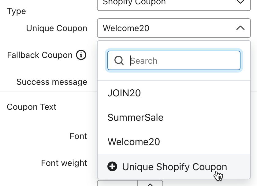 Het couponmenu geopend in de aanmeldingsformulier editor toont een uniek coupon type geselecteerd