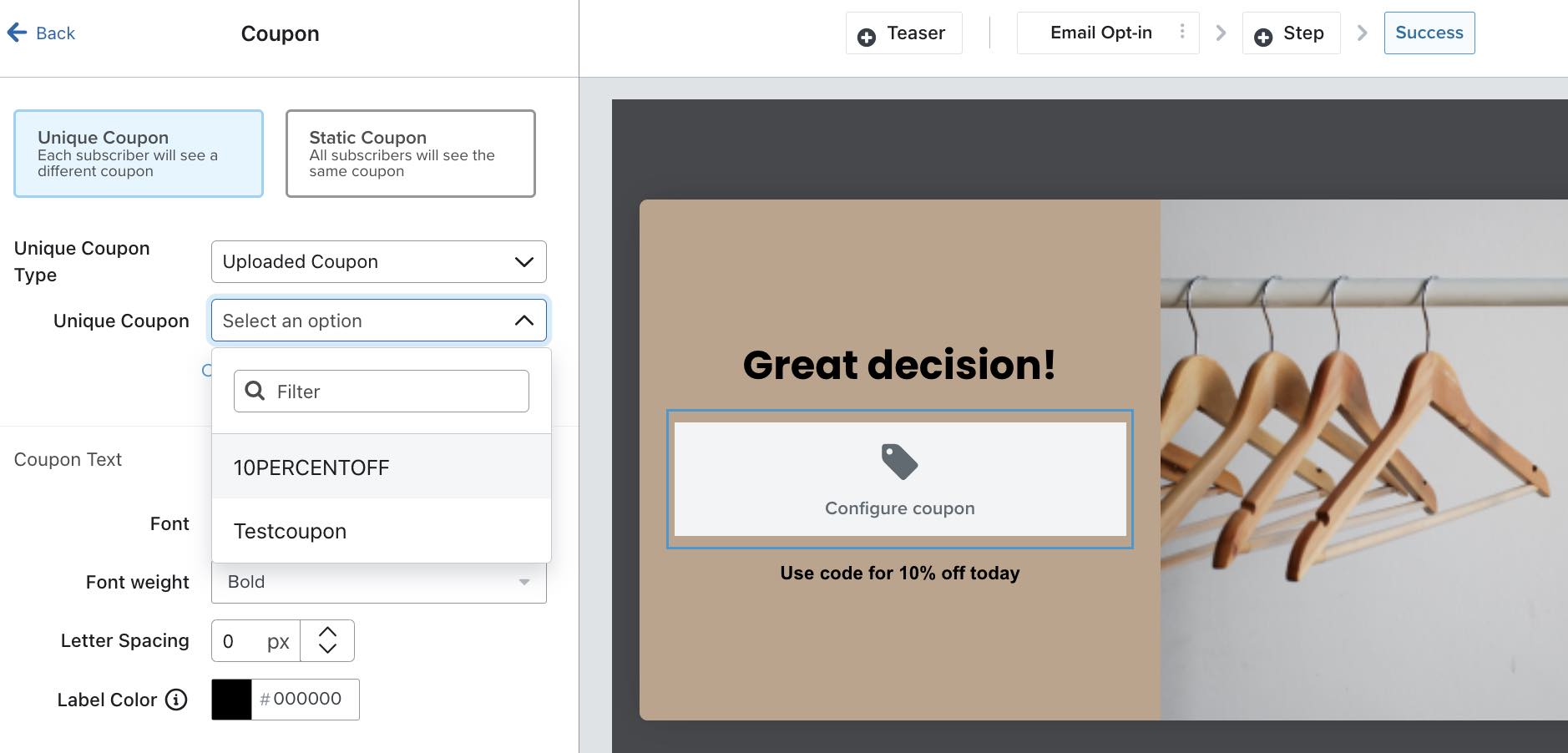 De unieke coupon dropdown in de aanmeldingsformulier editor met de coupon die je net hebt geüpload geselecteerd als de coupon optie.