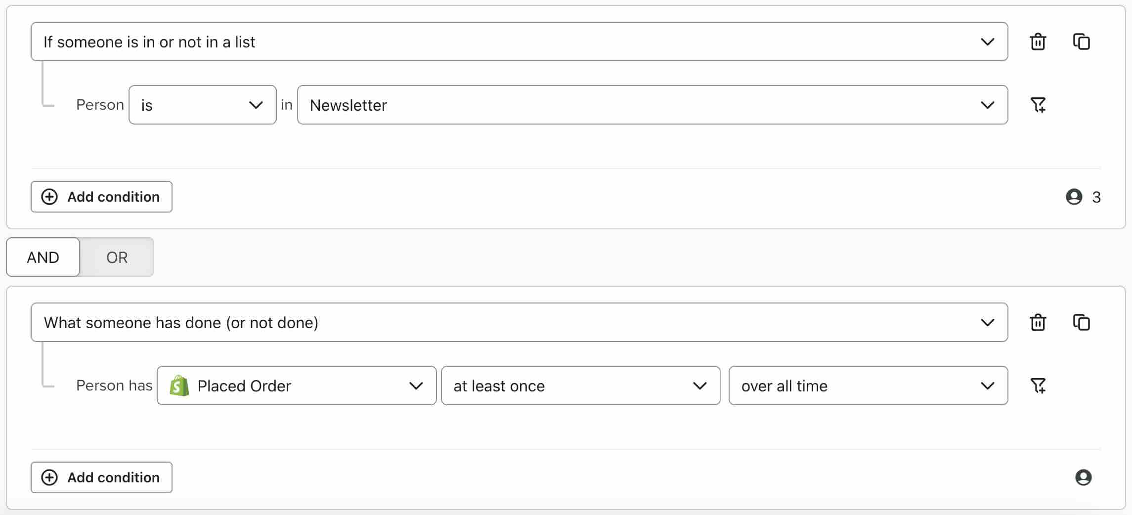 Voorbeeld segment waarbij iemand zich ooit moet hebben aangemeld bij je nieuwsbrief en minstens één keer een bestelling moet hebben geplaatst