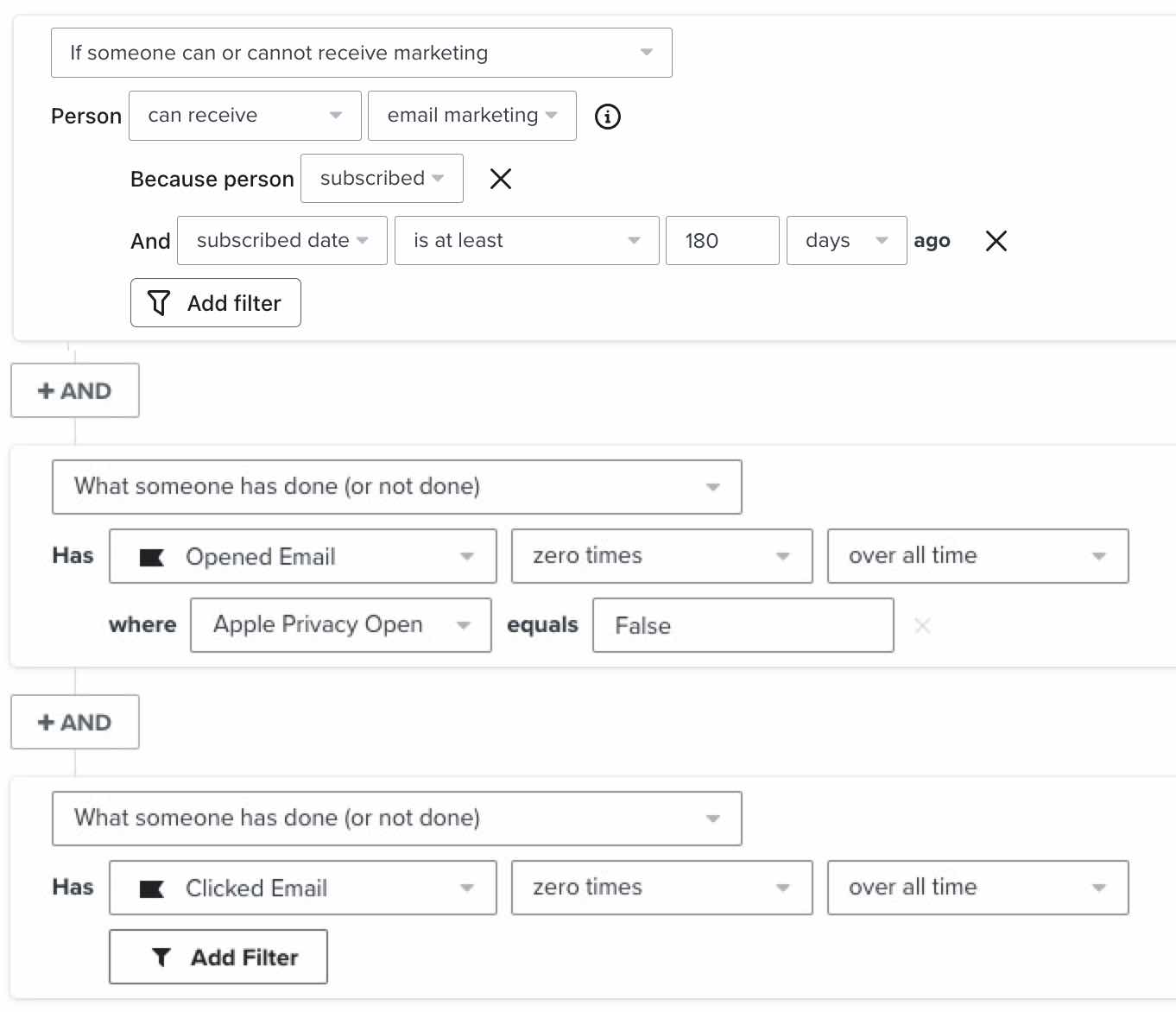 abonnee die deel uitmaken van je hoofdnieuwsbrieflijst en meer dan 180 dagen geleden zijn toegevoegd, maar nog nooit een e-mail hebben geopend en erop hebben geklikt