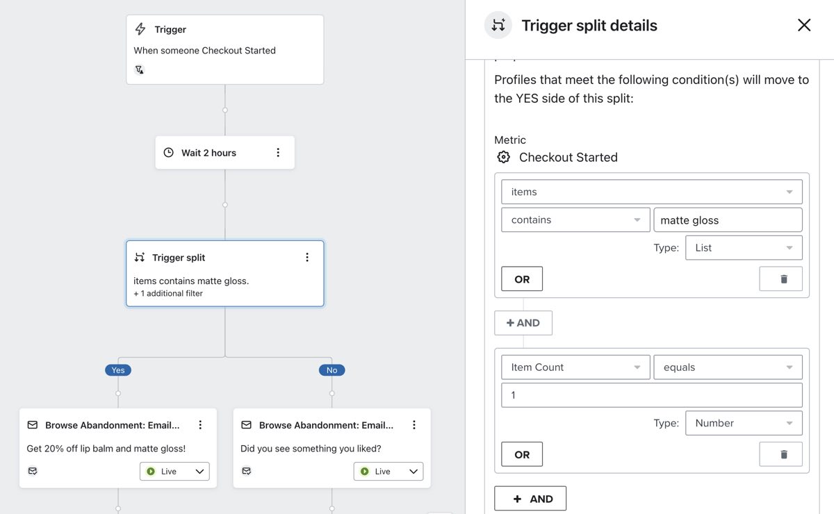Trigger splitsen met configuratie 'Items bevat matglans EN itemtelling is gelijk aan 1'