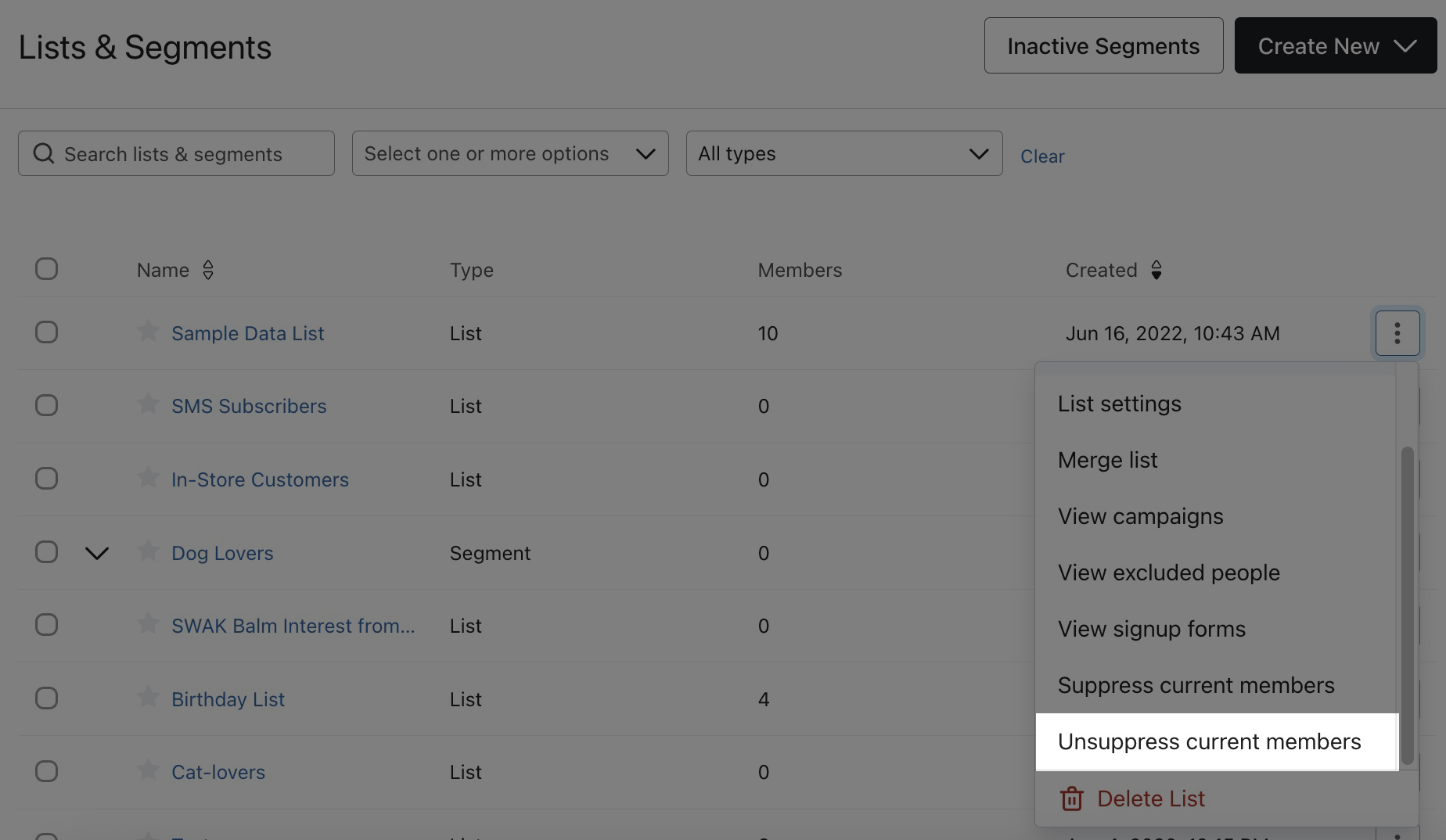 Bulk onderdruk optie voor lijst in Klaviyo