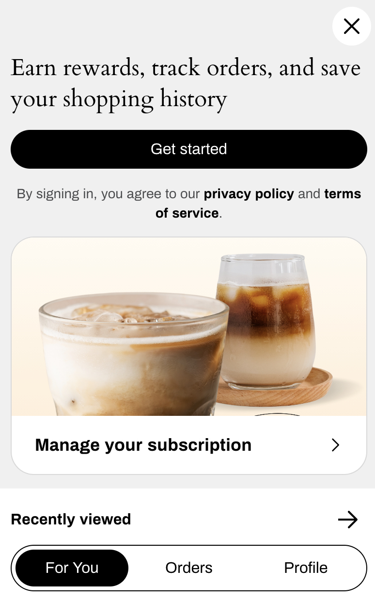 Het Voor jou tabblad van de Klaviyo Customer Hub interface toont de call-to-action die wordt getoond voor niet-geauthenticeerde shoppers.