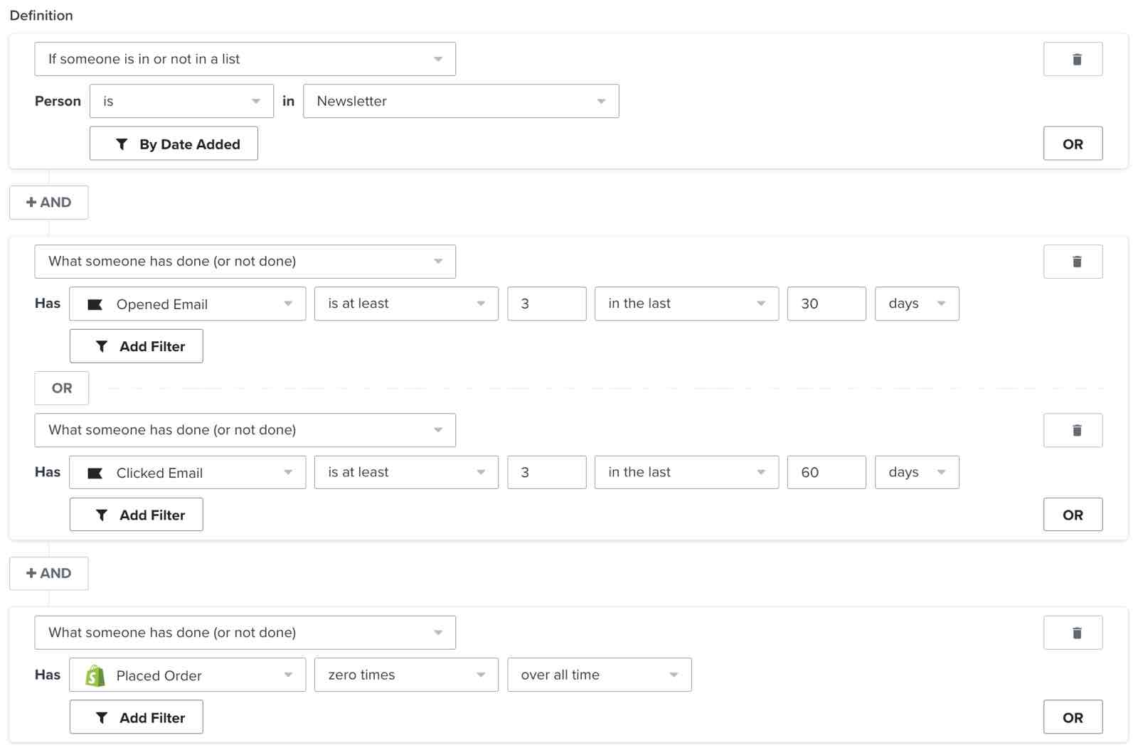 Een segment van abonnees die je e-mail regelmatig openen of erop klikken, maar nog geen aankoop hebben gedaan