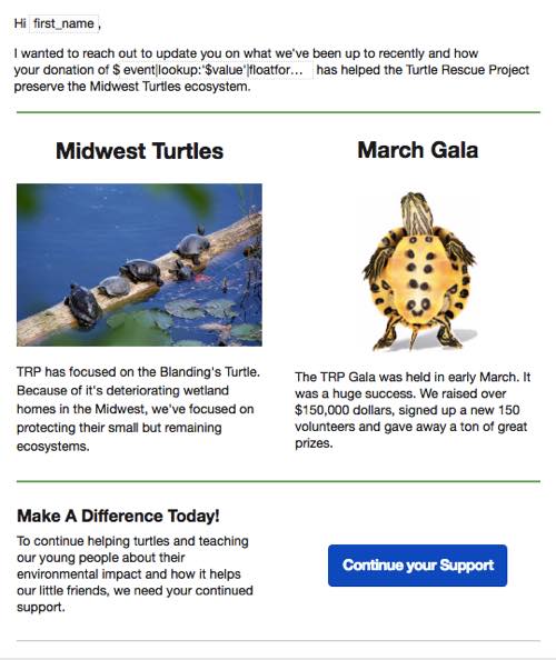 Voorbeeld van een donateur re-betrokkenheid flow e-mail met een call-to-action die vraagt om door te gaan support.