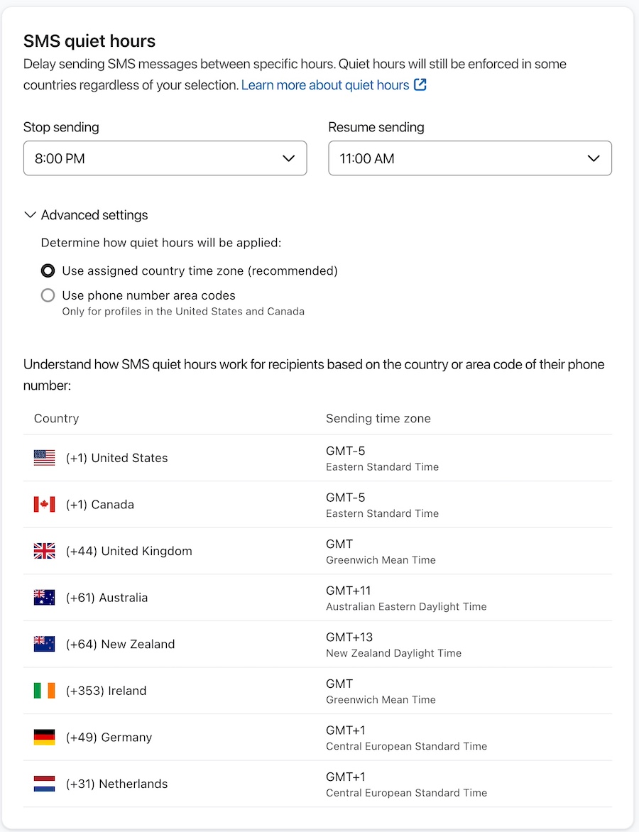 sms stille uren ingesteld om niet te versturen tussen 20.00 en 11.00 uur
