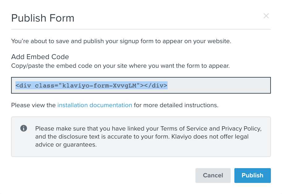 Voorbeeld van de insluitcode die laat zien wanneer een formulier wordt gepubliceerd
