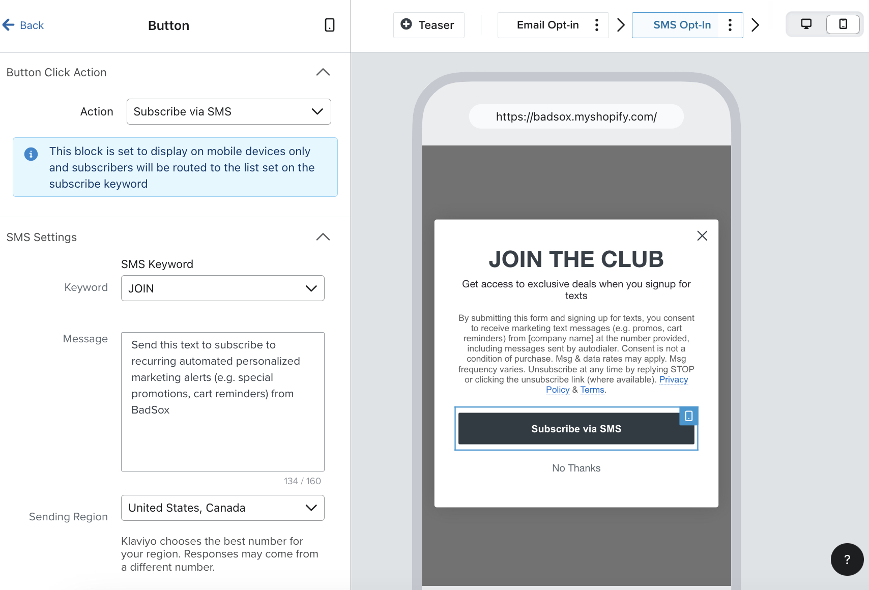 De verzendknop op de sms Opt-in stap is geselecteerd in de voorbeeldweergave van het formulier en het knoppenmenu wordt geopend om de actie, het trefwoord, het bericht en de verzendregio te selecteren.