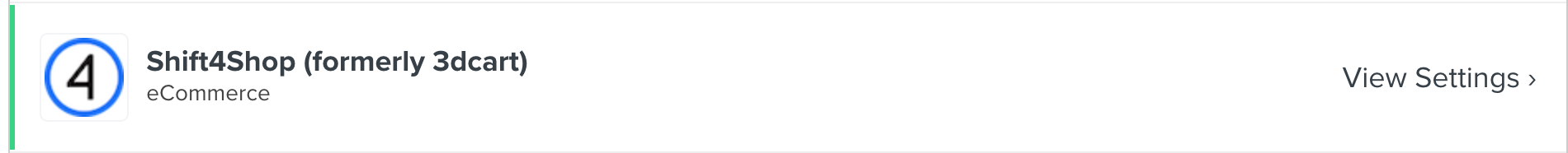 Shift4Shop integraties kaart in Klaviyo met groene balk aan de linkerkant