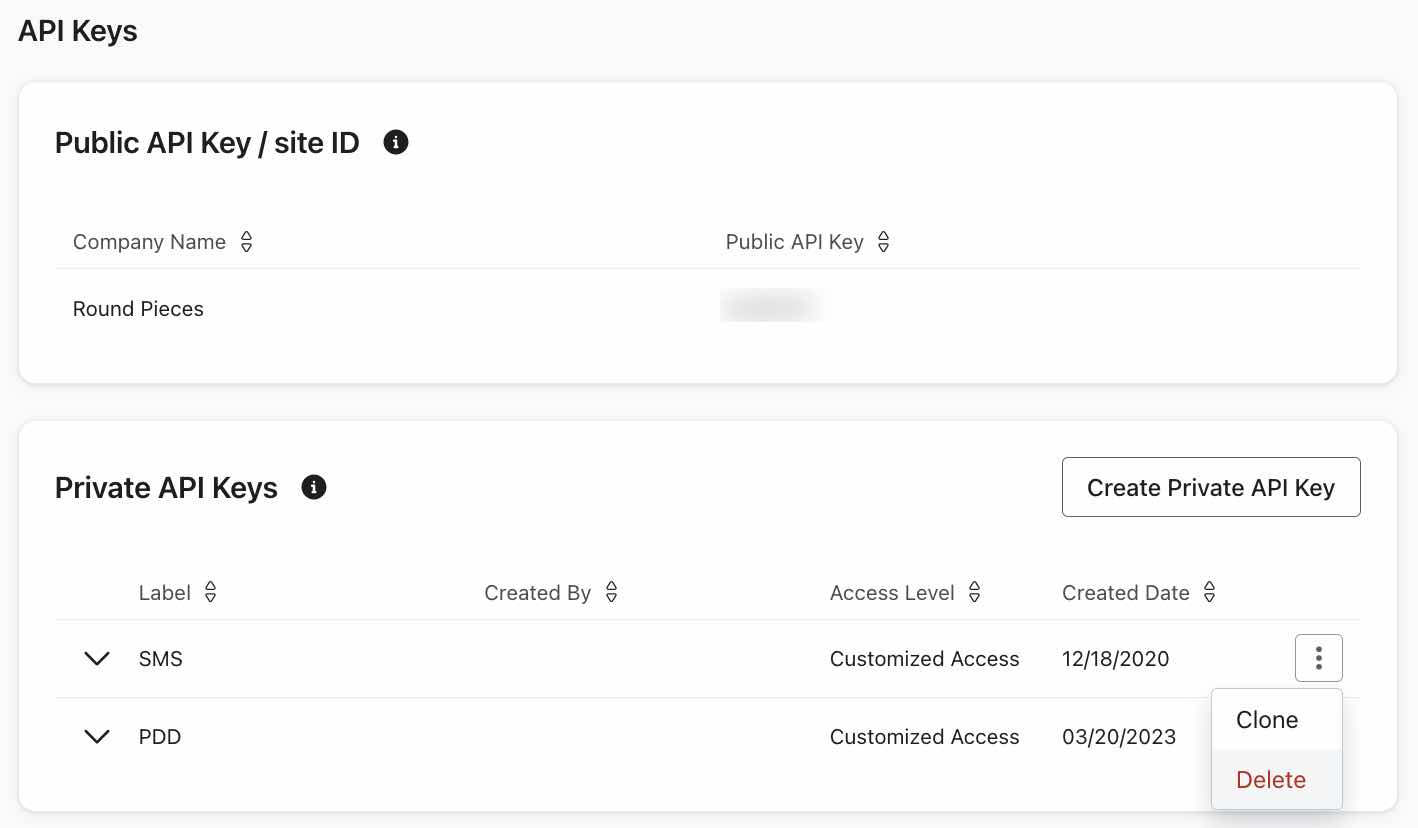 Menu om een privé API-sleutel te klonen of te verwijderen