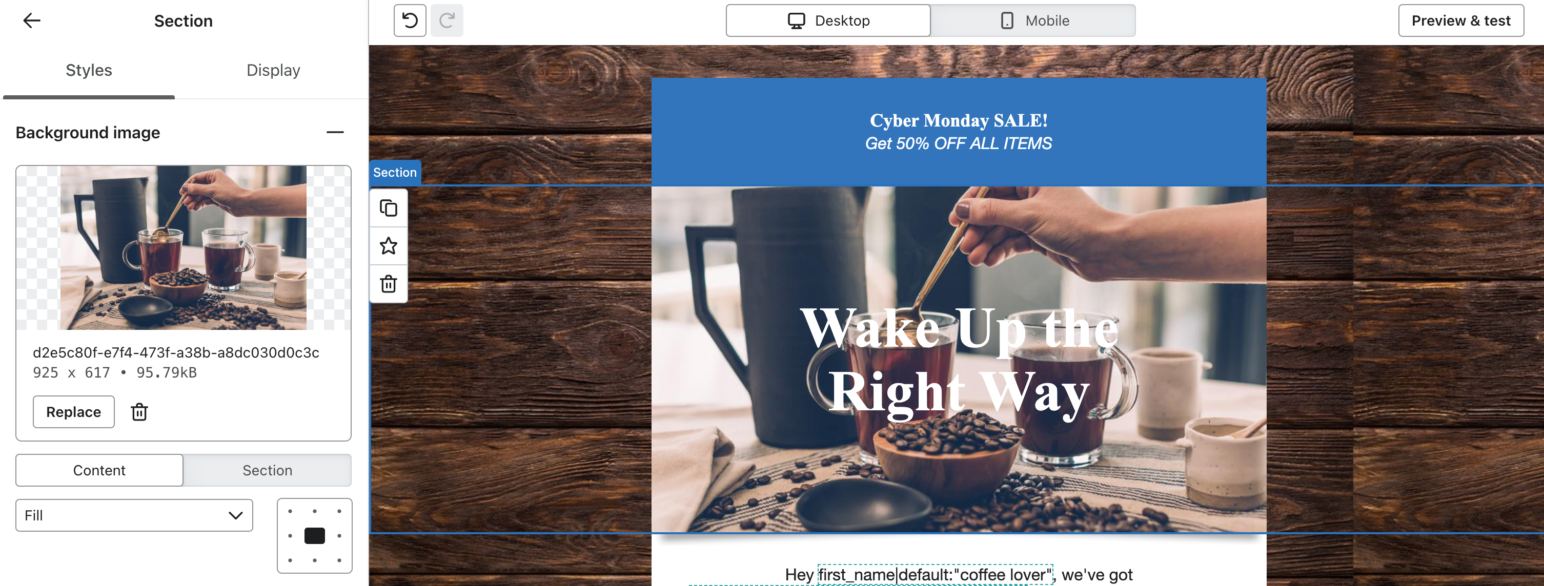 Sectie achtergrondafbeelding instellingen
