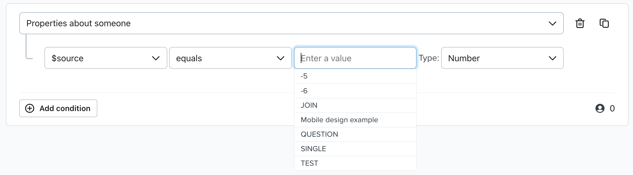 Dropdown menu van bronwaarden in segment builder