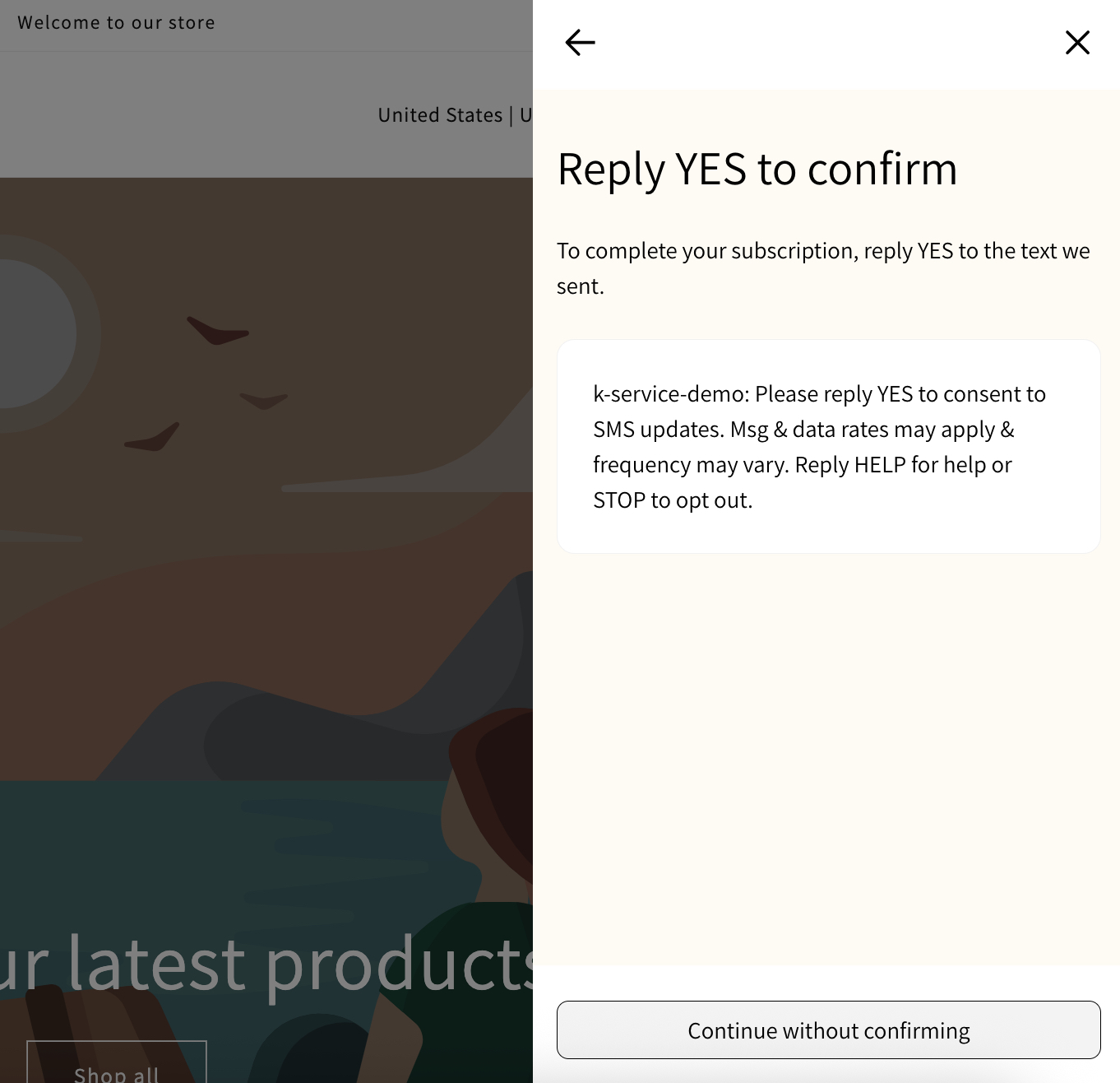 Laadscherm in een Klaviyo Customer Hub interface waarin iemand wordt geïnstrueerd om ja te antwoorden om toestemming voor sms-abonnement te bevestigen.