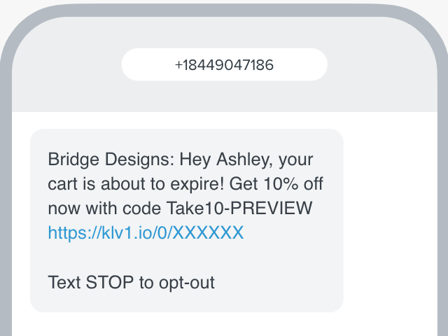 Voorbeeld van een winkelwagen verlaten flow bericht met een 10% coupon