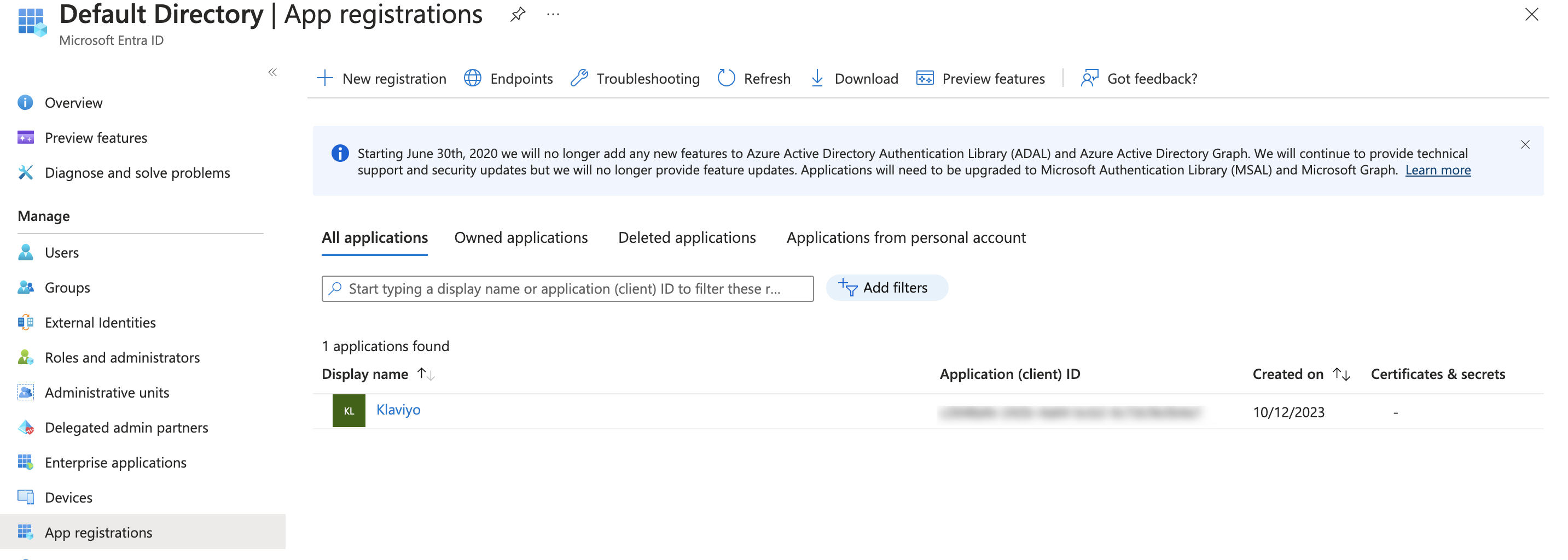 Tabblad Alle toepassingen op de pagina met app-registraties