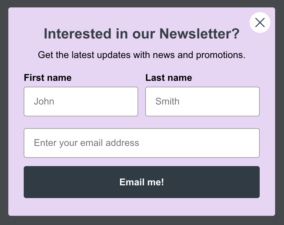 Voorbeeld van een formulier dat e-mail, voornaam en achternaam verzamelt