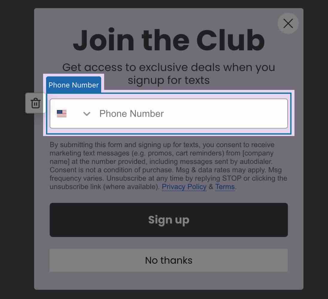 Formulier waarbij het telefoonnummerveld is geselecteerd