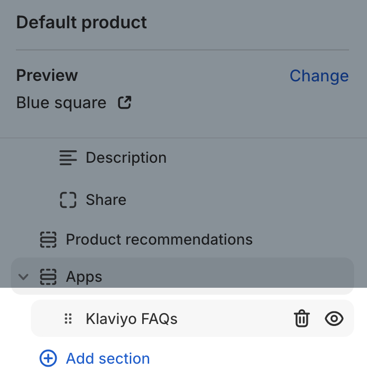 Een standaard product template in Klaviyo met de Klaviyo FAQs app toegevoegd.