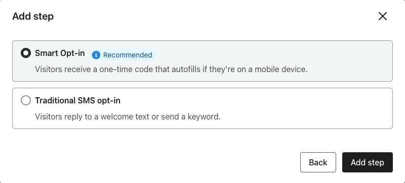 Het modaal Stap toevoegen met de optie Smart Opt-in geselecteerd.