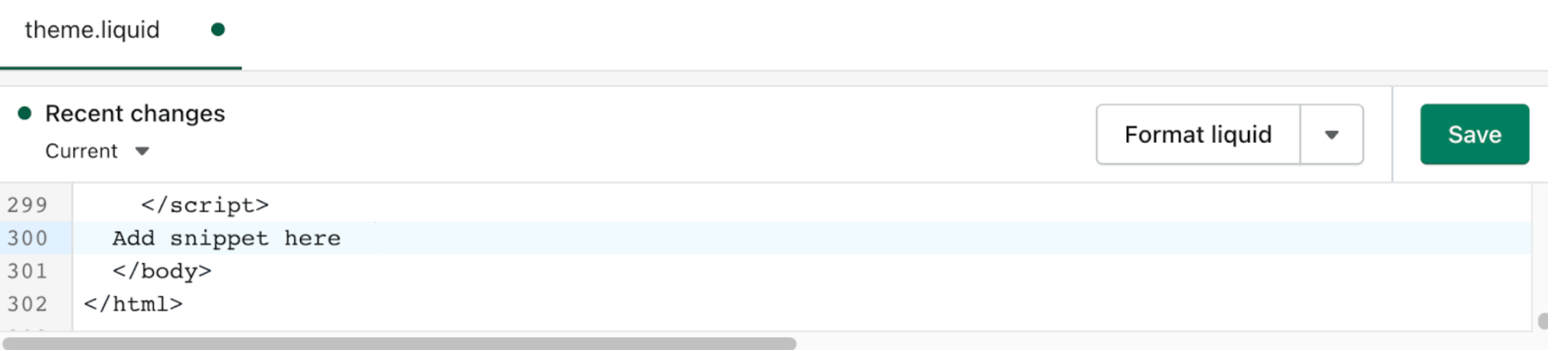 Theme.liquid-bestand in Shopify met de tekst 'Voeg hier een fragment toe', in blauw gemarkeerd en gevolgd door </body>