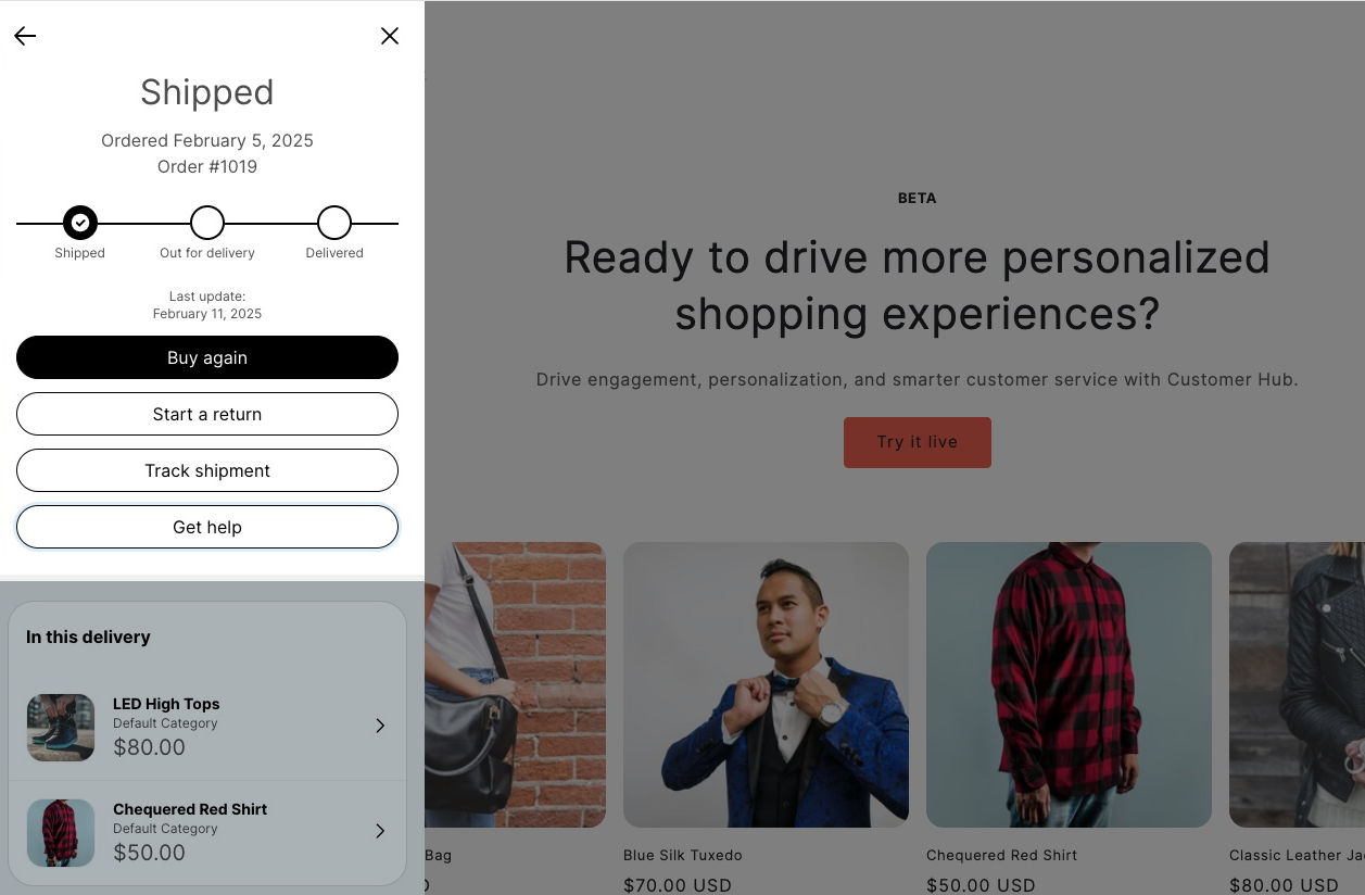 Szuflada Klaviyo Customer Hub otwarta na przykładowej stronie i pokazująca widok szczegółów zamówienia z widocznym przyciskiem Uzyskaj pomoc.