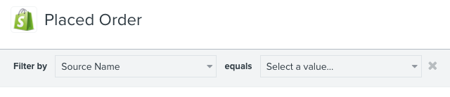Shopify Złożone zamówienie metryka w zakładce metryka Klaviyo filtrowane według nazwy źródła jest równe Wybierz wartość